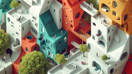 illustration of Innovative architectural design featuring playful and unconventional building shapes, demonstrating the integration of shape in architecture