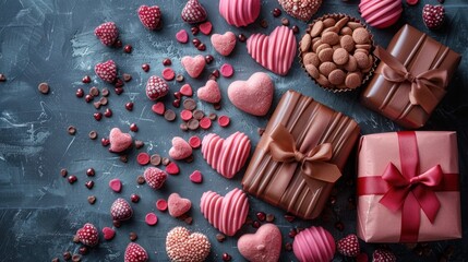 Valentine day composition: sweet candy, with gift boxes with bow and red felt hearts, photo template, background.