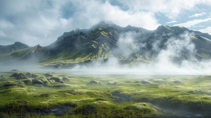Morning sunrays illuminate a lush, moss-covered valley with rising mist against a backdrop of majestic mountains.