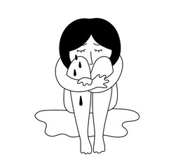 Vector isolated woman crying hanging knees sitting colorless black and white contour line easy drawing