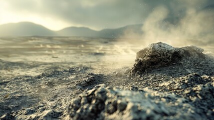 Close-up view of a sulfurous geothermal field with steaming fumaroles and distant mountains under a hazy sky.