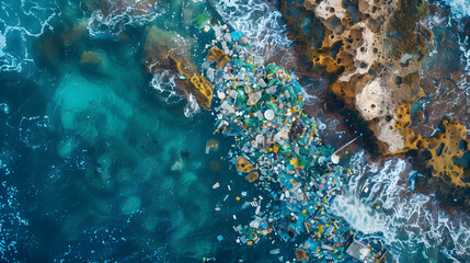 Naklejka na ściany i meble Aerial View of Ocean Pollution: Plastic Waste Engulfing Sea Waters