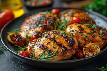An appetizing display of juicy grilled chicken breasts garnished with herbs and cherry tomatoes