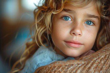 A young girl with captivating blue eyes and curly blonde hair appears thoughtful, her gaze fixed on the distance, natural light enhancing her features