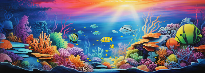 Obraz na płótnie Canvas Illustrate an ocean scene with a rainbow cutting through the water