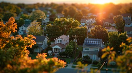 The setting sun casts a warm glow over a peaceful suburban neighborhood, highlighting solar panels on a rooftop amidst lush greenery.