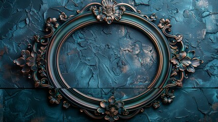 Vintage openwork bronze metal frame on a blue wall background, empty picture frame mockup - obrazy, fototapety, plakaty
