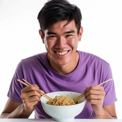 A portrait of a happy Asian man wearing a purple shirt while eating noodles. photo on white isolated background