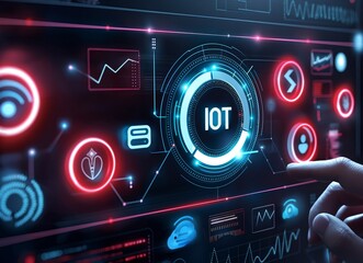 Obraz premium IOT button with futuristic electronic dashboard, dark crimson and light azure, dramatic lighting, internet of things technology.