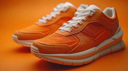 Walk. Modern unisex footwear, sneakers isolated on orange background. Fashionable stylish sports casual shoes. Creative minimalistic layout with footwear.