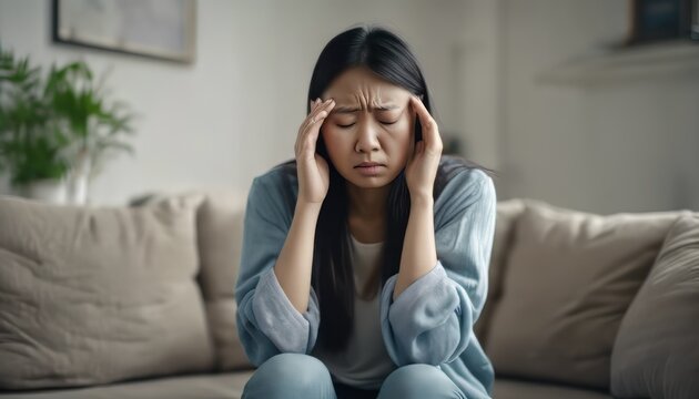 Dizzy asian young woman, girl headache or migraine pain suffering from vertigo while