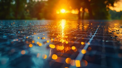 A stunning sunset reflects off rain-drenched solar panels, merging technology with the beauty of nature. - obrazy, fototapety, plakaty