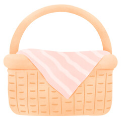 Picnic basket with pink linen painted with watercolor