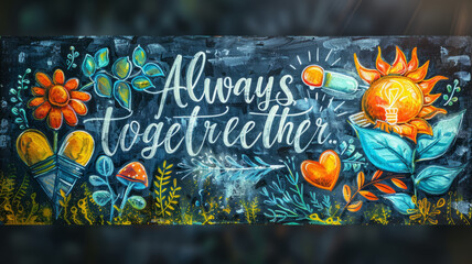 text "Always better together." draw with white chalk on blackboard with business elements,generative ai