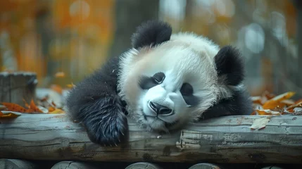 Foto op Plexiglas Two-year-old giant panda sleeping on a wooden frame, lying on the ground,  © Dushan