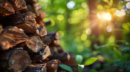 A close-up of stacked firewood textured by the golden rays of a setting sun, with a bokeh of green foliage in the background. - obrazy, fototapety, plakaty