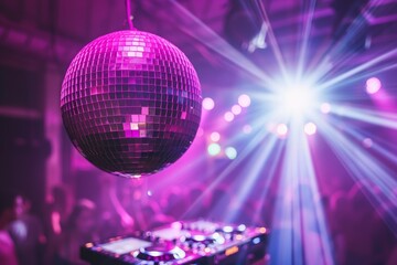 Obraz premium Disco ball with reflective mirror pieces shining under bright lights, symbolizing party life and festive celebrations