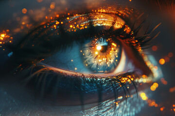Close-Up Blue-Golden Eye, Golden Glitter Make-Up