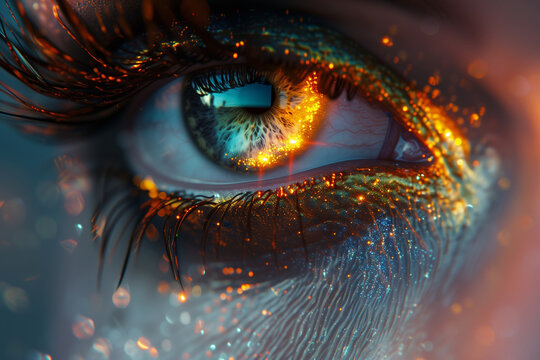 Close-Up eines Augen mit Glitzer Make-Up, Partry Make-Up, Sonnenlicht spiegelt sich in der Iris