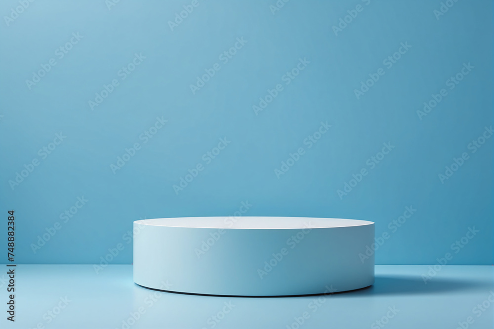 Poster Empty pedestal display on blue background with blank stand for product show or presentation