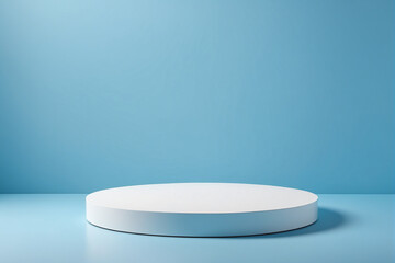 Empty pedestal display on blue background with blank stand for product show or presentation