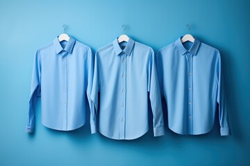 Blue dress shirts on hangers against a coordinating blue background, exemplifying professional attire and simplicity in fashion