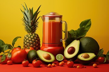 Smoothie surrounded by an assortment of tropical fruits and vegetables on a striking yellow background.