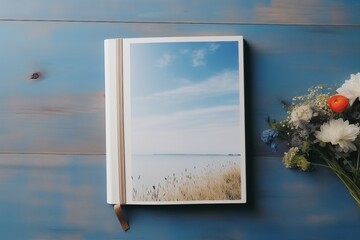 An open journal rests on a blue wooden surface, its pages revealing a serene seaside landscape, accompanied by a delicate arrangement of fresh flowers.