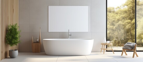 A white bathtub is positioned adjacent to a window in a modern bathroom interior. Abstract reflections can be seen on the concrete flooring, while a blank mock-up poster adorns the wall.