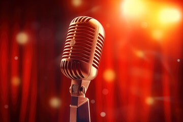 A classic vintage microphone illuminated by a warm spotlight, evoking the golden age of music against a vibrant red curtain backdrop