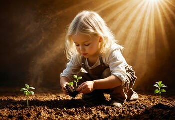 Little girl planting a plant - obrazy, fototapety, plakaty