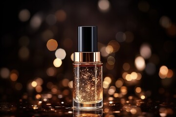 Perfume bottle filled with a golden, glittering scent, set against a soft-focus backdrop of warm, bokeh lights