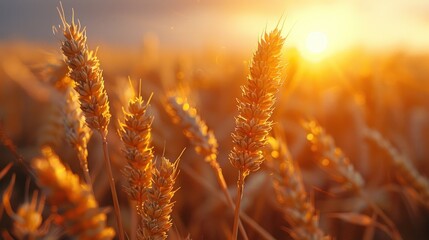 Golden wheat ready for harvest growing in a farm field under sky - obrazy, fototapety, plakaty