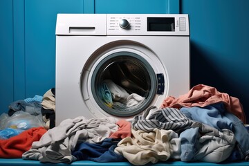 Washing machine surrounded by a colorful assortment of laundry, depicting a common household chore with a vibrant, busy background