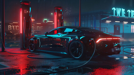 close-up of a modern black car at night at an electric gas station. Smart electric gas station on a...