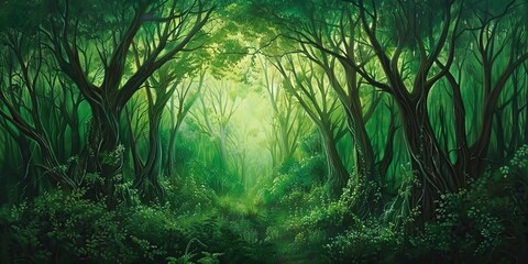 Explore the mystic allure of a forest bathed in soft, otherworldly light with a dense canopy creating a tranquil nature background. - obrazy, fototapety, plakaty