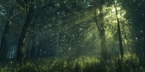 Immerse yourself in the mystic allure of a forest, bathed in soft, otherworldly light, and adorned with a dense canopy for a tranquil nature background. - obrazy, fototapety, plakaty