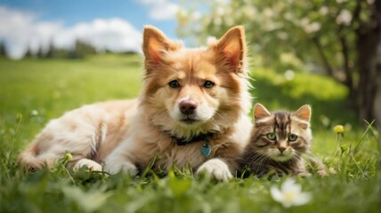 Cute dog and cat lying together on a field of green grass - 748883971