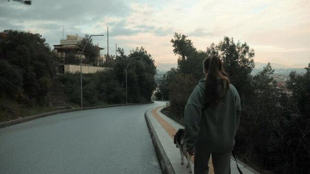 Casual young woman walking with Husky dog on asphalt road at autumn city park back view