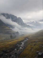 Mountains and fog in rainy we - 748884123