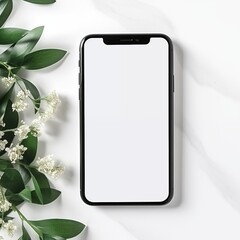 Smartphone with an edge-to-edge display, resting on a marble surface beside a refreshing touch of green foliage and delicate white flowers, blending technology with natural beauty.
