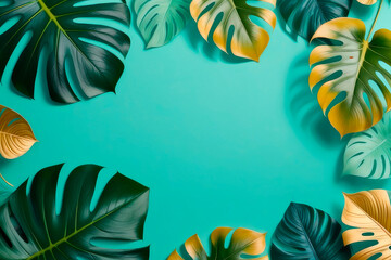 Green and golden monstera leaves on cool mint background.