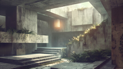 Lobby of a building in the style of Brutalism, ai generative