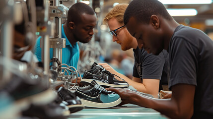young men at the factory produce sneakers
