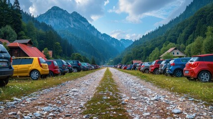 Cars and buses in the parking lot under the hood (Rohace - Spalena, Tatra west) of the summer in the mountains. - obrazy, fototapety, plakaty