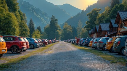 Cars and buses in the parking lot under the hood (Rohace - Spalena, Tatra west) of the summer in the mountains.