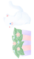Little cat smells flowers painted with watercolor
