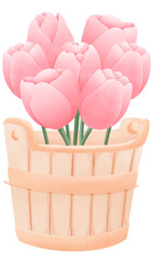 Bouquet of tulips in a wooden barrel