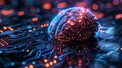 Digital brain model with glowing connections on a circuit board representing AI and neural network technology.