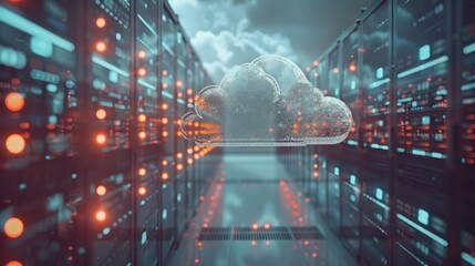 A conceptual image of a glowing cloud structure representing cloud computing technology within a modern data center.